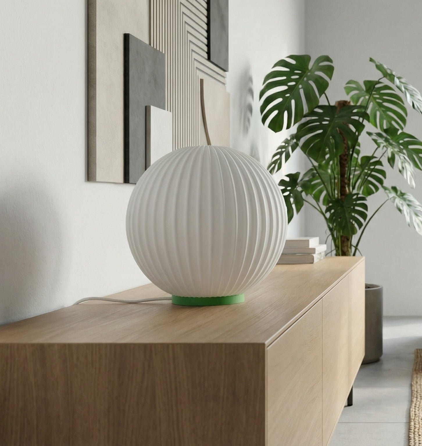 Modern living room with a gray sofa, wooden coffee table, and decorative items.